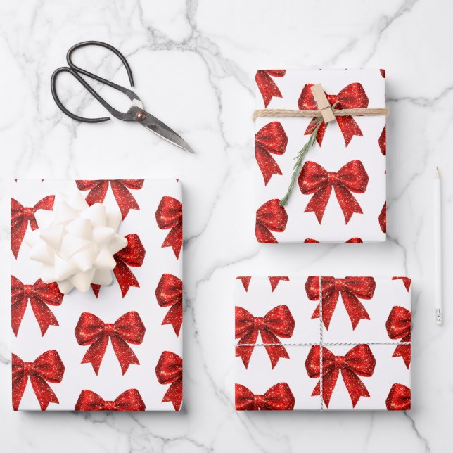 Feuille De Papier Cadeau Parties scintillant rouge Coquette Bow Noël (Recto)
