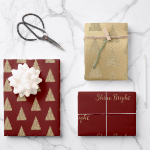 Feuille De Papier Cadeau Parties scintillant rouge or brillent arbres de No