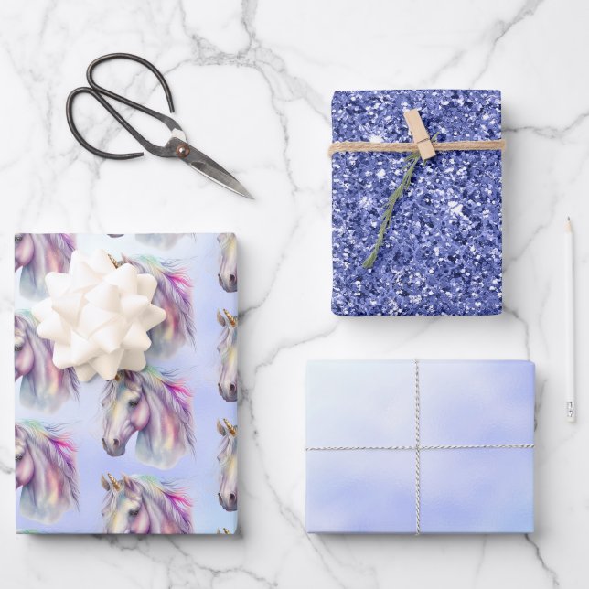 Feuille De Papier Cadeau Parties scintillant unicorne rose pourpre (Recto)