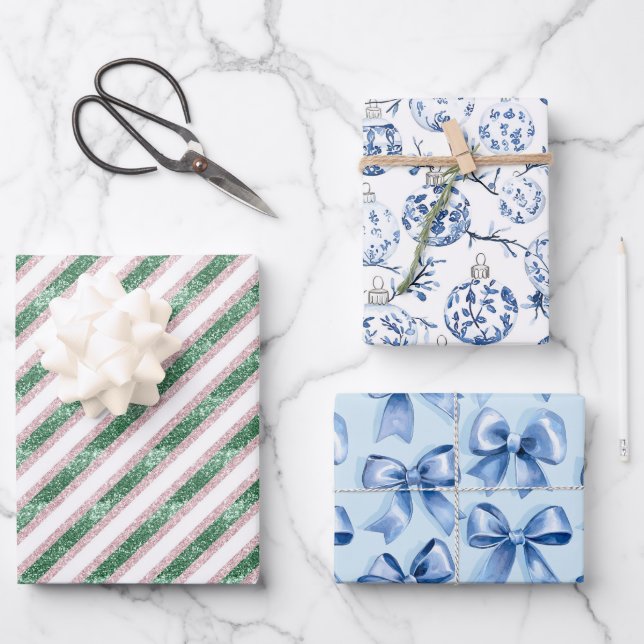 Feuille De Papier Cadeau Parties scintillant verte Bleu Ornements Vaches No (Recto)