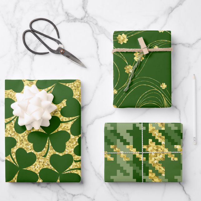 FEUILLE DE PAPIER CADEAU PARTIES SCINTILLANT VERTE & OR REGARDEZ SHAMROCK I (Recto)