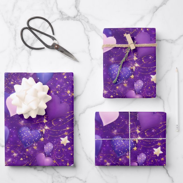Feuille De Papier Cadeau parties scintillant violette avec coeur et étoiles (Recto)
