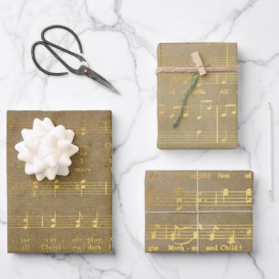 Feuille De Papier Cadeau Partitions de Noël dorées vintage