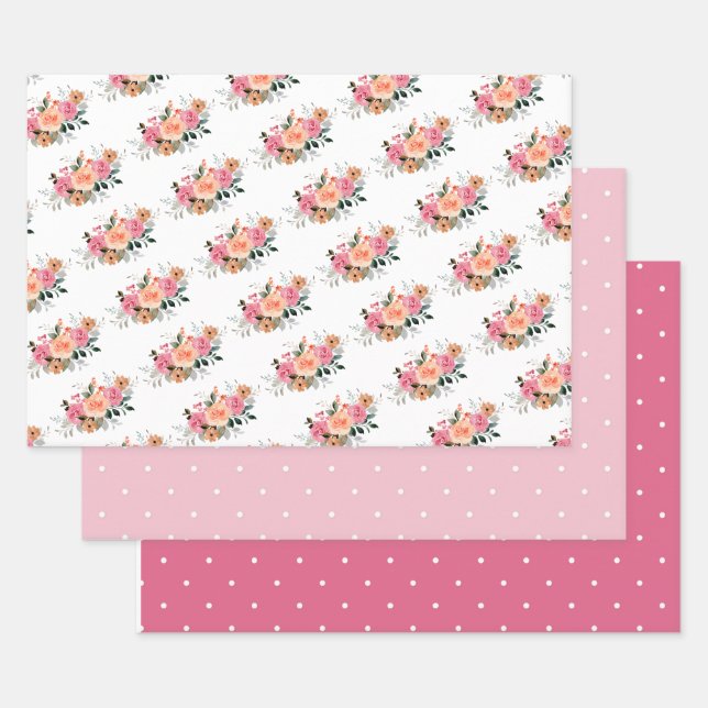 Feuille De Papier Cadeau Parure de drap plat à fleurs et pois rose pêche (l (Lot)