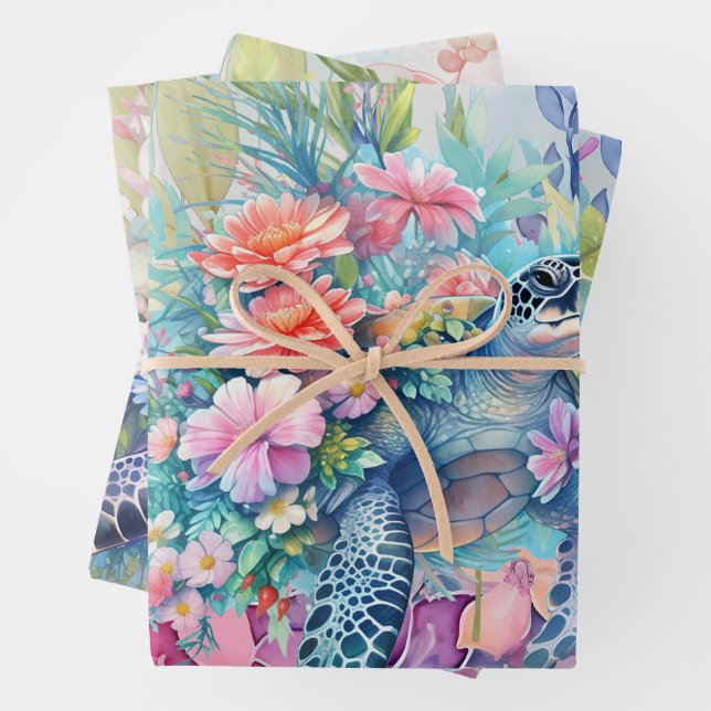 Feuille De Papier Cadeau Pastel Aquarelle Florale Tortues de mer (En situation)