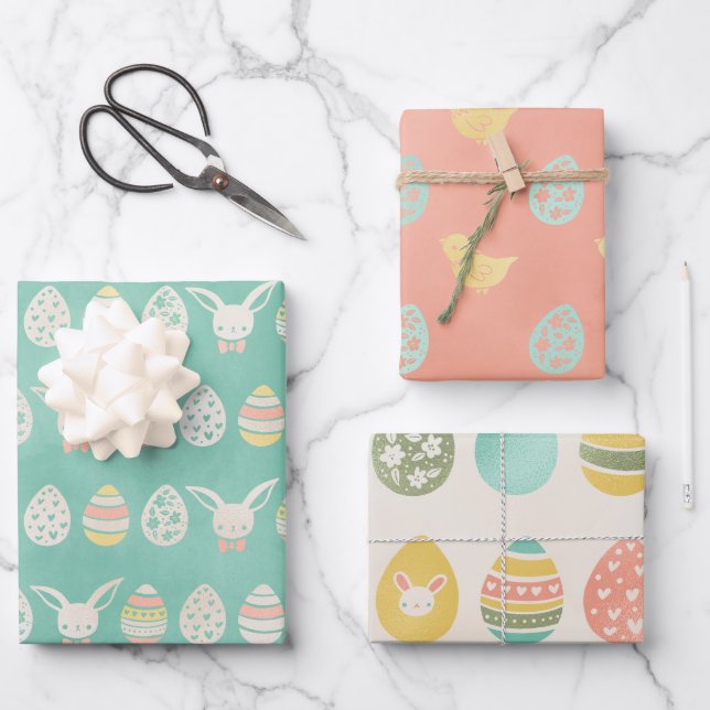 Feuille De Papier Cadeau Pastel Aquarelle Oeufs Bunny Joyeux Pâques (Recto)