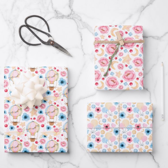 Feuille De Papier Cadeau Pastel Baby Blue Baby Pink Hot Air Balloons (Recto)