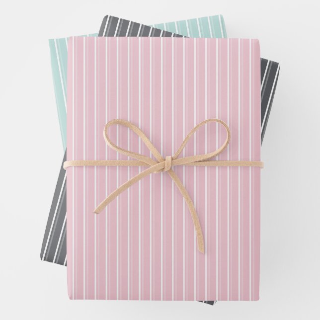 Feuille De Papier Cadeau Pastel combination of Gray, Pink, Mint Stripes (En situation)