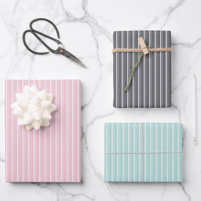 Feuille De Papier Cadeau Pastel combination of Gray, Pink, Mint Stripes (Recto)