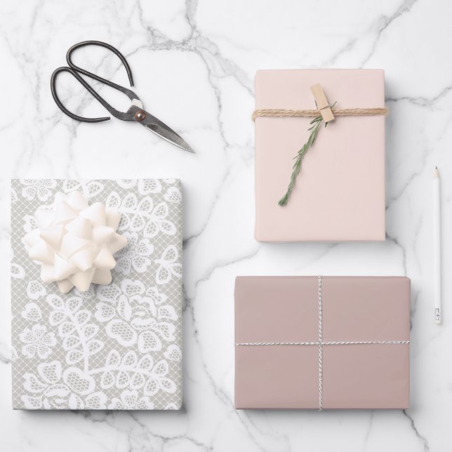 Feuille De Papier Cadeau Pastel Lace rose beige gris  (Recto)