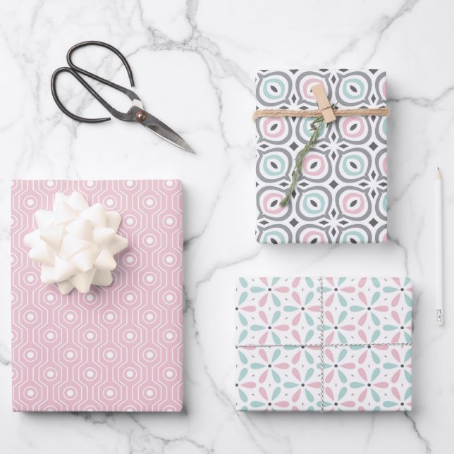 Feuille De Papier Cadeau Pastel Pattern of Pink, Mint, Gray Geometric Shape (Recto)