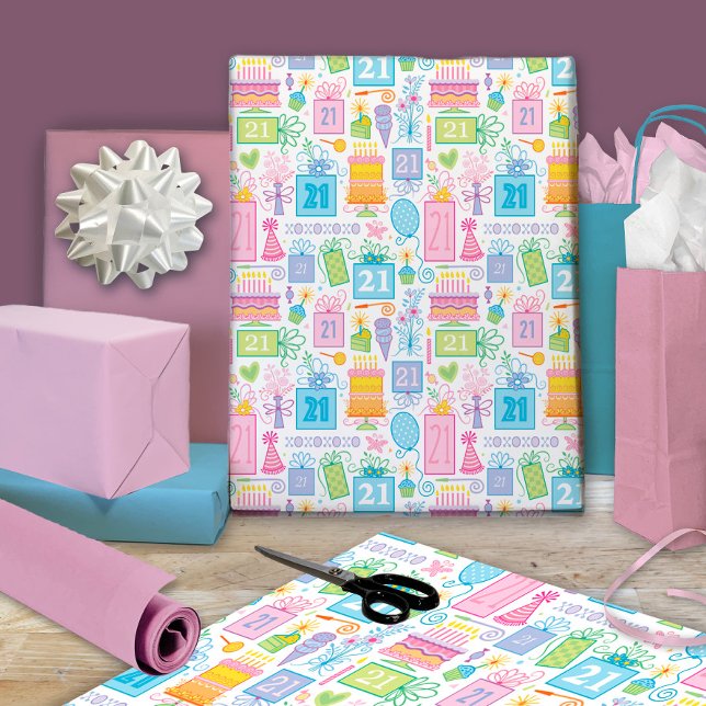 Feuille De Papier Cadeau Pastel Pink Cake présente des ballons 21e annivers (Créateur téléchargé)