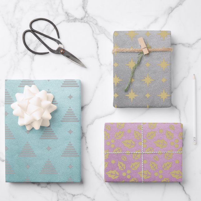 Feuille De Papier Cadeau Pastel Pink Green Silver Motif de Noël moderne (Recto)