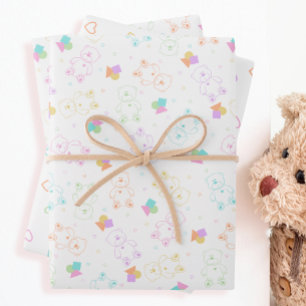 Feuille De Papier Cadeau Pastel Rainbow Tossed Nounours avec coeur
