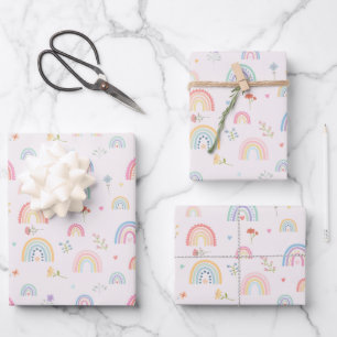 Feuille De Papier Cadeau Pastel Rainbows Girly Fleurs sauvages & Coeurs