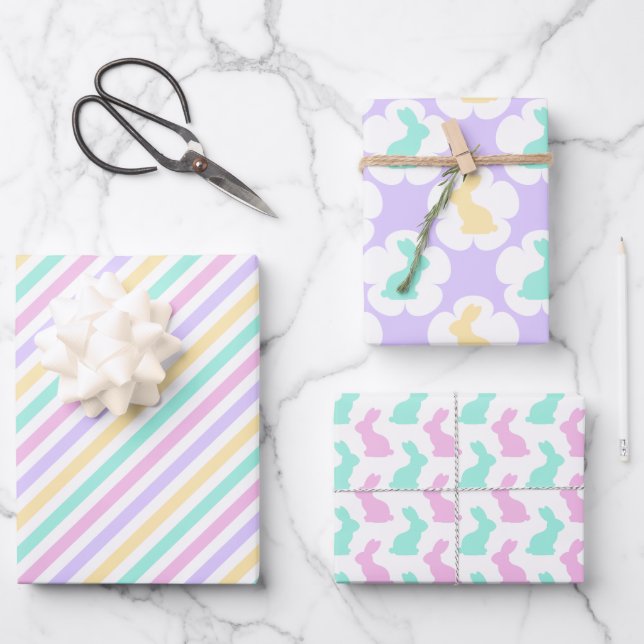 FEUILLE DE PAPIER CADEAU PASTEL ROSE BLEU PURPLE VERT PÂQUES BUNNIES (Recto)