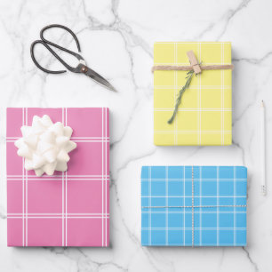Feuille De Papier Cadeau Pastel rose jaune bleu et blanc mince plaid