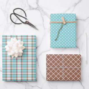 Feuille De Papier Cadeau Pastel sarcelle bleu marron café rayures pois