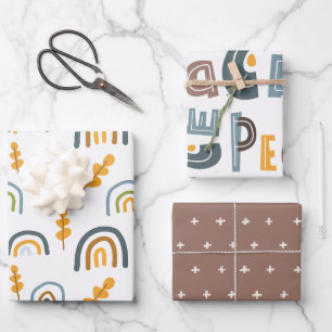 Feuille De Papier Cadeau Pastel Scandi Arbre Arc-en-ciel Texte Paix Noël