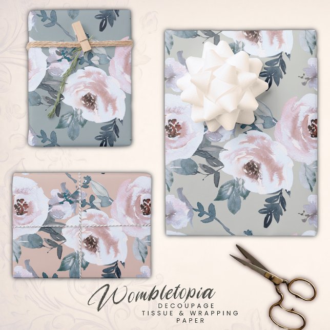 Feuille De Papier Cadeau Pastel Spring Aquarelle Roses floraux (Créateur téléchargé)