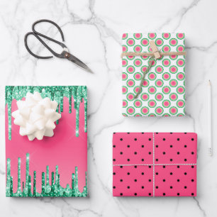 Feuille De Papier Cadeau Pastèque couleur rose vert noir