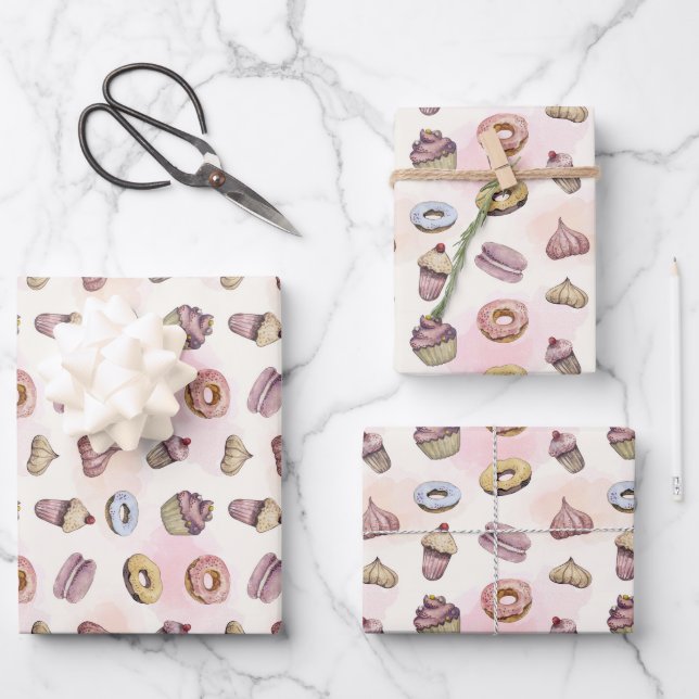 Feuille De Papier Cadeau Pâtes Cupcakes Cute tendance Aquarelle Woodland (Recto)