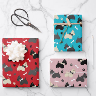 Feuille De Papier Cadeau Pâtes et os de Terrier écossais rouge bleu rose