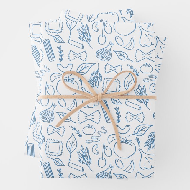 Feuille De Papier Cadeau Pâtes Italiennes Gribouillis de Nouilles Bleues C' (En situation)