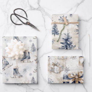 Feuille De Papier Cadeau Patins à glace bleus Flocons de neige Arbres de No