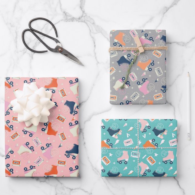 Feuille De Papier Cadeau Patins à rouleaux rétro et cassettes (Recto)
