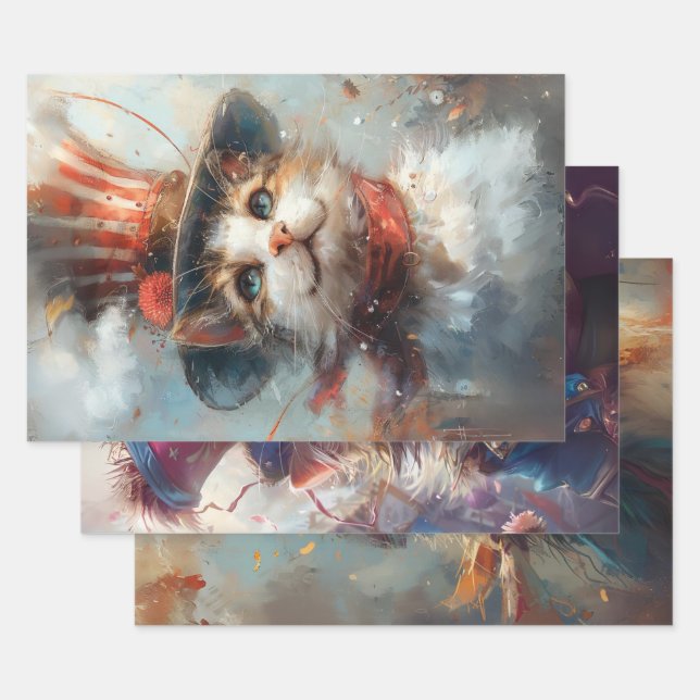 Feuille De Papier Cadeau Patriotique 4 juillet Chats Découpage (Lot)