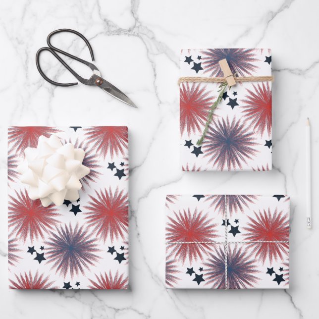 Feuille De Papier Cadeau Patriotique Étoiles Feu d'artifice Blanc Bleu (Recto)