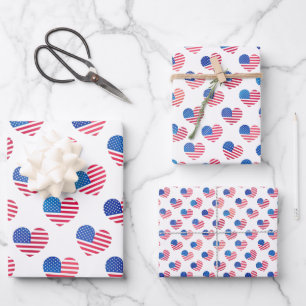 Feuille De Papier Cadeau Patriotique Rouge Blanc Bleu Étoiles Rayures Coeur