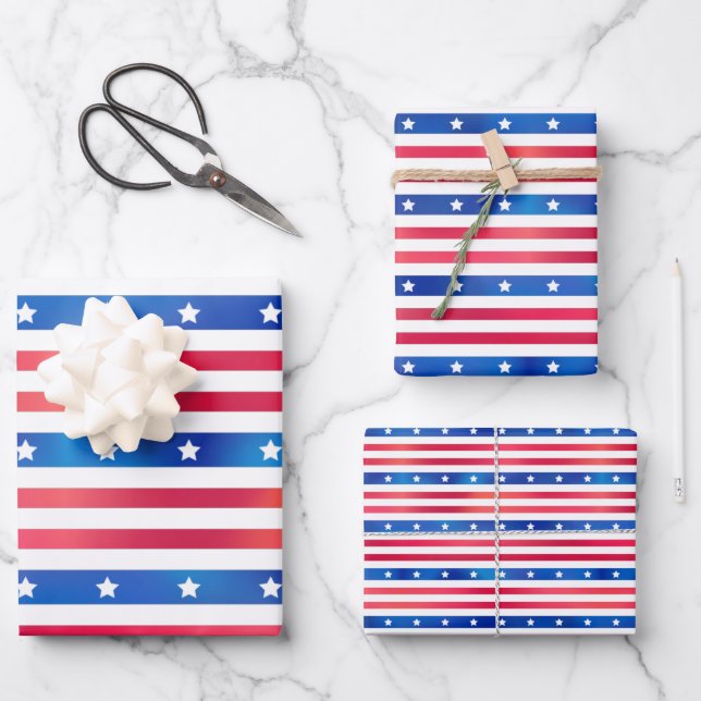 Feuille De Papier Cadeau Patriotique Rouge Bleu Bleu Étoiles Stripes USA Am (Recto)