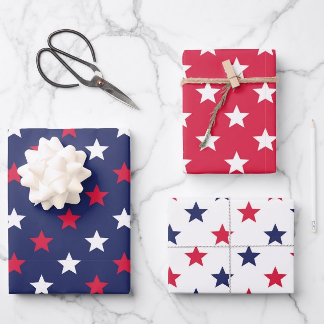 Feuille De Papier Cadeau Patriotique Rouge Bleu Étoiles Américaines (Recto)