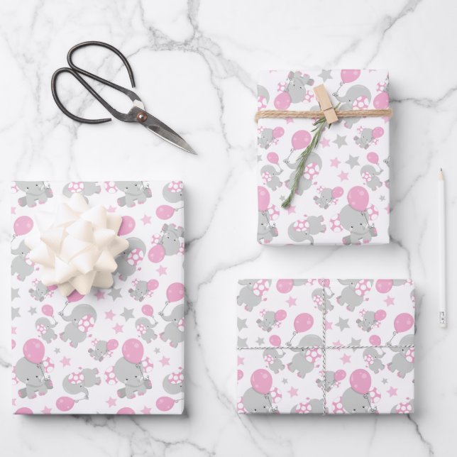 Feuille De Papier Cadeau Pattern of Elephants, Cute Elephants - Pink Gray (Recto)