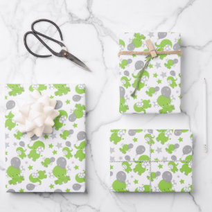 Feuille De Papier Cadeau Pattern of Green Elephants, Cute Elephants, stars