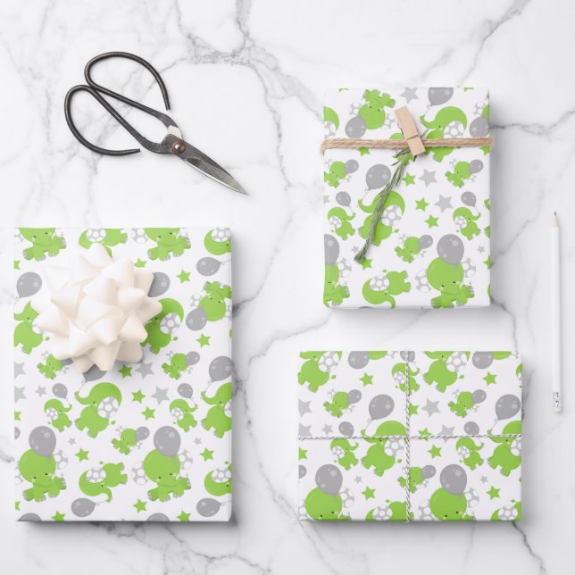 Feuille De Papier Cadeau Pattern of Green Elephants, Cute Elephants, stars (Recto)