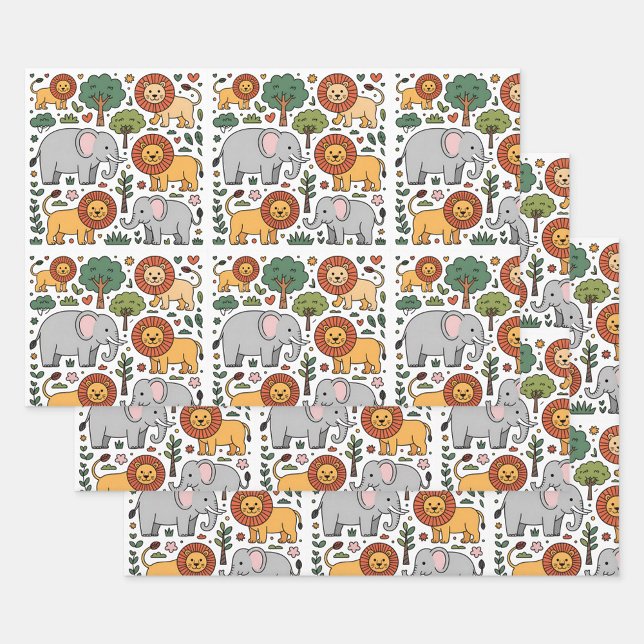Feuille De Papier Cadeau Patterned design featuring elephants, lions. (Créateur téléchargé)