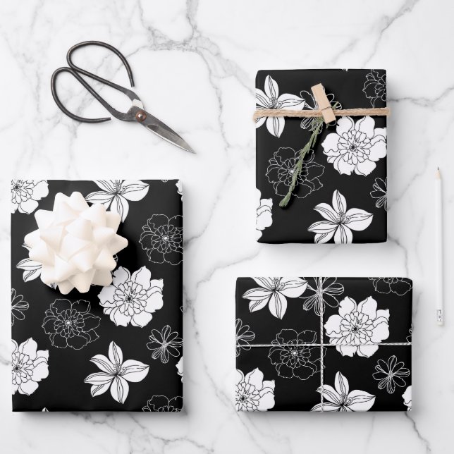 Feuille De Papier Cadeau Patters de Black & White Floral (Recto)