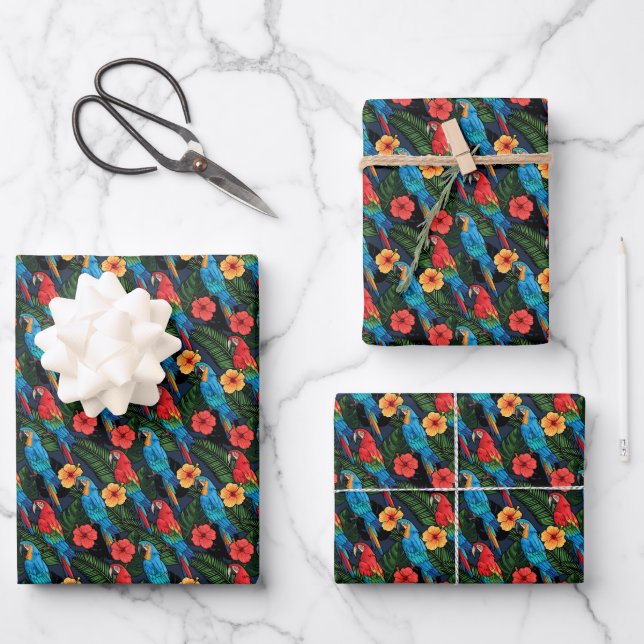 Feuille De Papier Cadeau Patters de Macaw et Hibiscus (Recto)