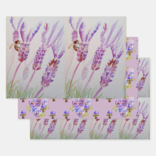 Feuille De Papier Cadeau Pavot floral à fleurs violettes de lavande Aquarel