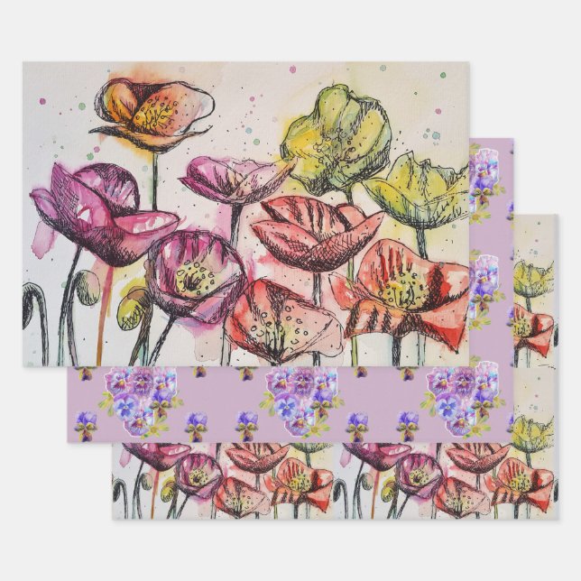 Feuille De Papier Cadeau Pavot rouge rose Fleur Poppies florales Aquarelle (Lot)
