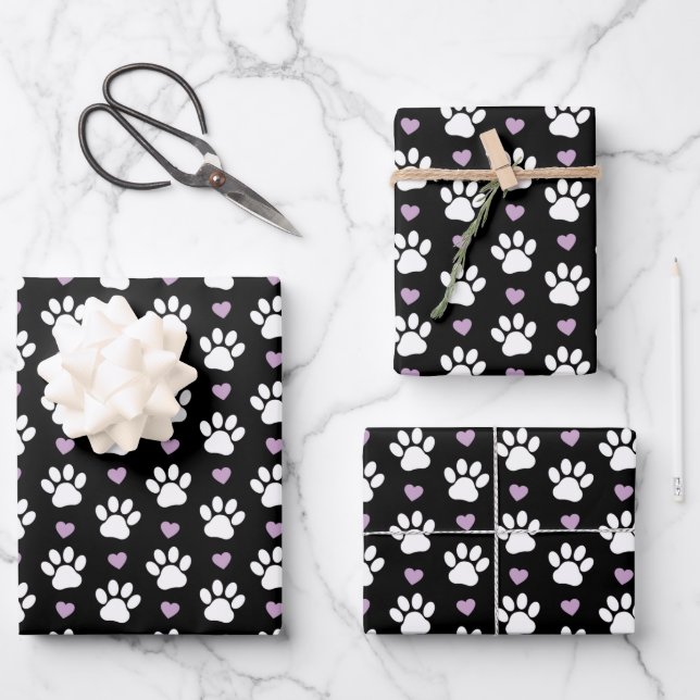 Feuille De Papier Cadeau Paw Motif, Chien Paws, White Paws, Lilac Hearts (Recto)