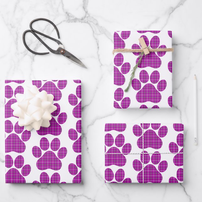 Feuille De Papier Cadeau Paw Shape Plaid Pink Purple Cat Dog (Recto)