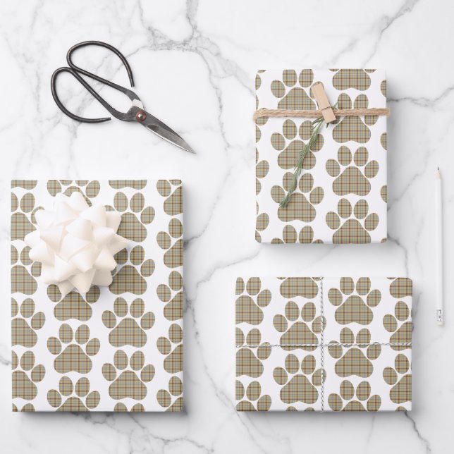 Feuille De Papier Cadeau Paw Shape Plaid Tan Dog Cat (Recto)