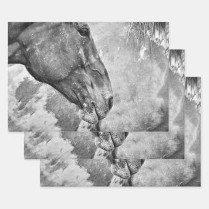 Feuille De Papier Cadeau Pays Cheval Rustique Noir Et Blanc Découpage