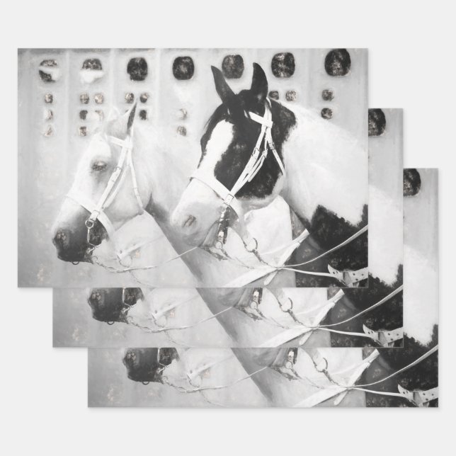 Feuille De Papier Cadeau Pays Chevaux Rustique Noir Et Blanc Occident (Lot)