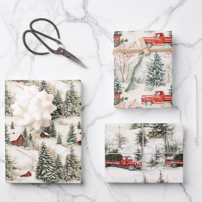 Feuille De Papier Cadeau Pays rustique Noël Camion rouge et village (Recto)