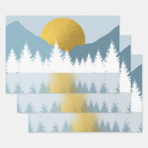 Feuille De Papier Cadeau Paysage Abstrait Soleil d'hiver d'or